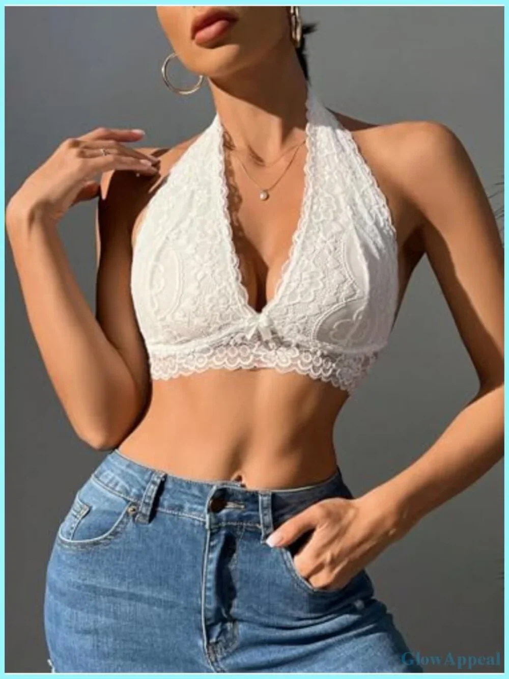2 Piece Halter Lace Bralette Set, Light Support Full Coverage Wire Free